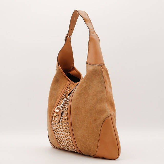 Sac Gucci New Jackie daim camel vue de trois quarts occasion authentique — AMANA Vintage