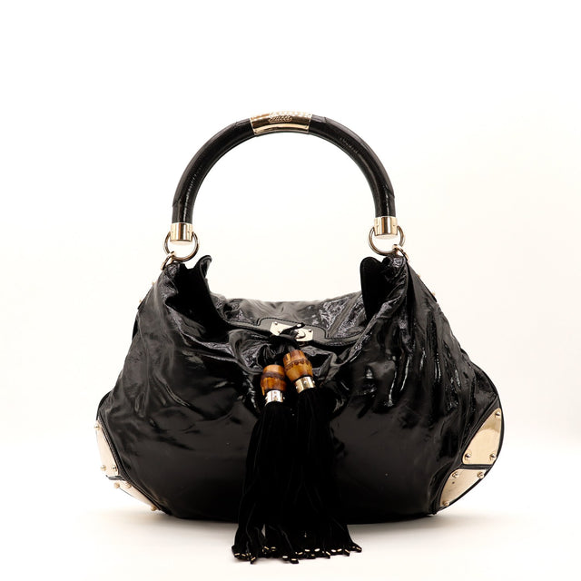 Sac Gucci Indy Hobo cuir verni noir vue de face occasion authentique — AMANA Vintage