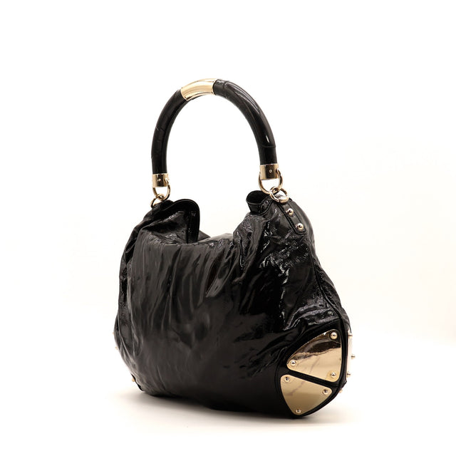 Sac Gucci Indy Hobo cuir verni noir profil plaques dorées occasion authentique — AMANA Vintage