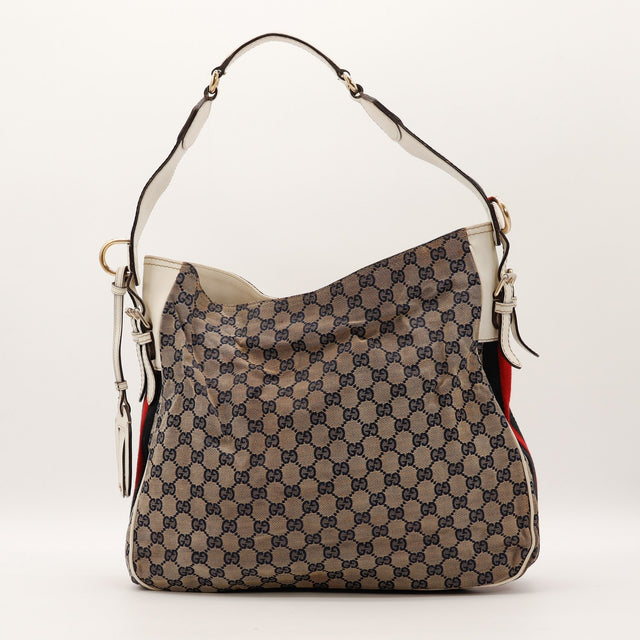 Sac Gucci Hobo Web toile monogrammée bleu marine vue de face occasion authentique — AMANA Vintage