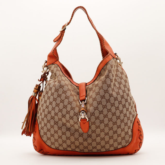 Sac Gucci New Jackie toile monogrammée et cuir orange vue de face occasion authentique — AMANA Vintage