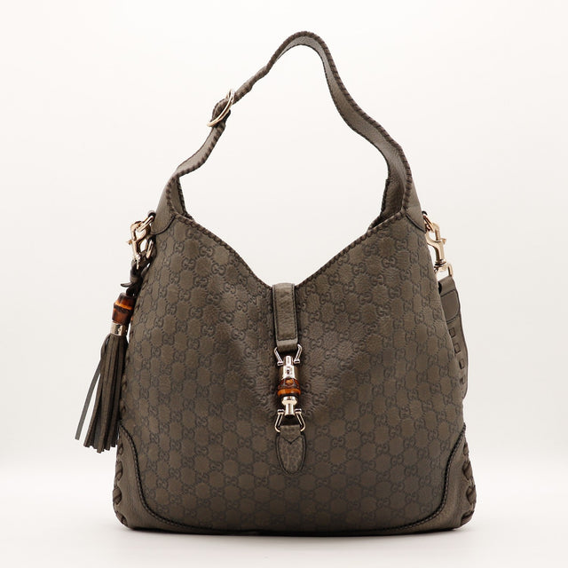 Sac Gucci New Jackie cuir Guccissima gris kaki vue de face occasion authentique — AMANA Vintage