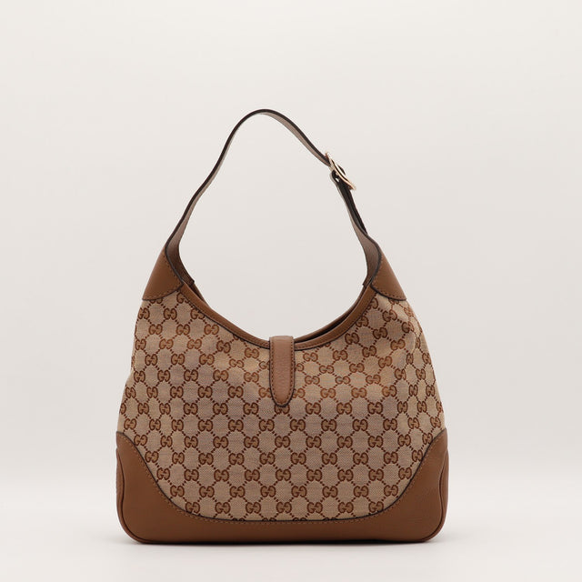 Détail bande Web rose Gucci New Jackie toile monogrammée occasion authentique — AMANA Vintage