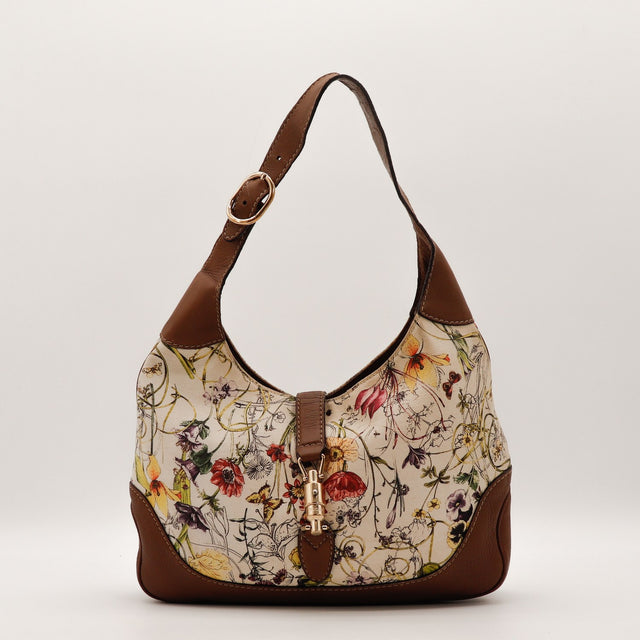 Sac Gucci Jackie toile Flora écru multicolore vue de face occasion authentique — AMANA Vintage