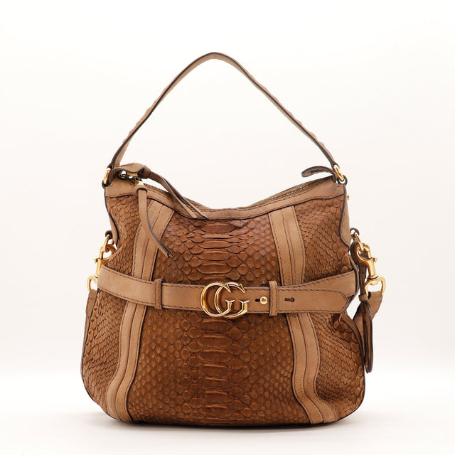 Sac Gucci Hobo python marron et nubuck taupe vue de face occasion authentique — AMANA Vintage