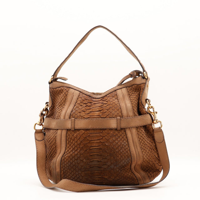 Détail de la boucle Running GG dorée Gucci Hobo python marron — AMANA Vintage