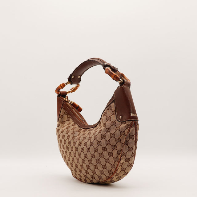 Vue de dos Gucci Hobo Bambou toile monogrammée beige occasion authentique — AMANA Vintage