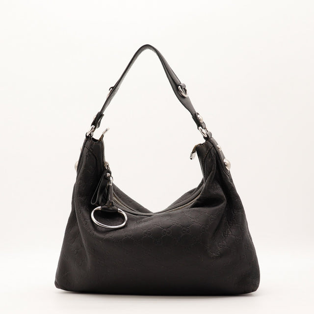 Sac Gucci Hobo Horsebit cuir Guccissima noir vue de face occasion authentique — AMANA Vintage