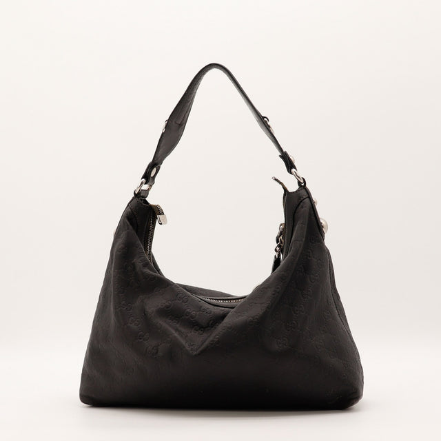 Sac Gucci Hobo Horsebit cuir Guccissima noir vue de profil occasion authentique — AMANA Vintage