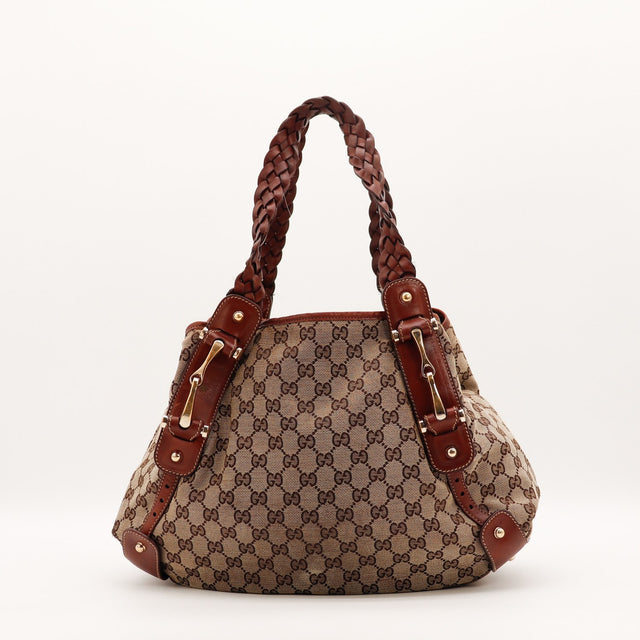 Détail de l'anse tressée cloutée Gucci Hobo Pelham cuir marron occasion authentique — AMANA Vintage