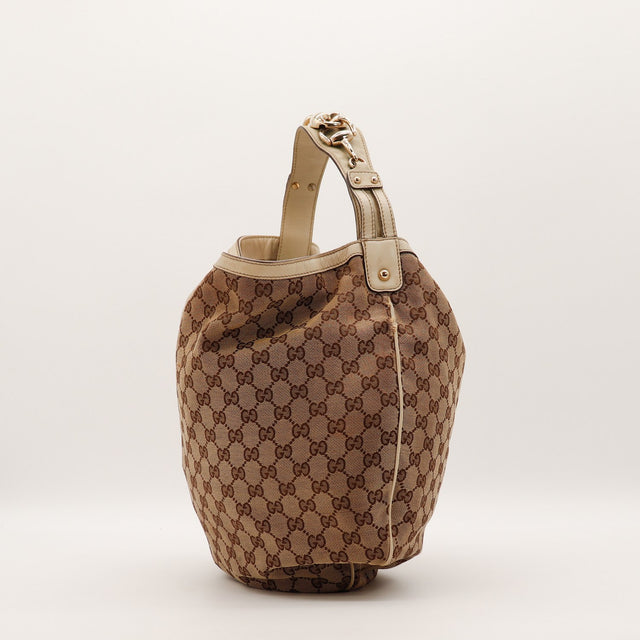 Sac Gucci Hobo Horsebit toile monogrammée beige vue de dos occasion authentique — AMANA Vintage