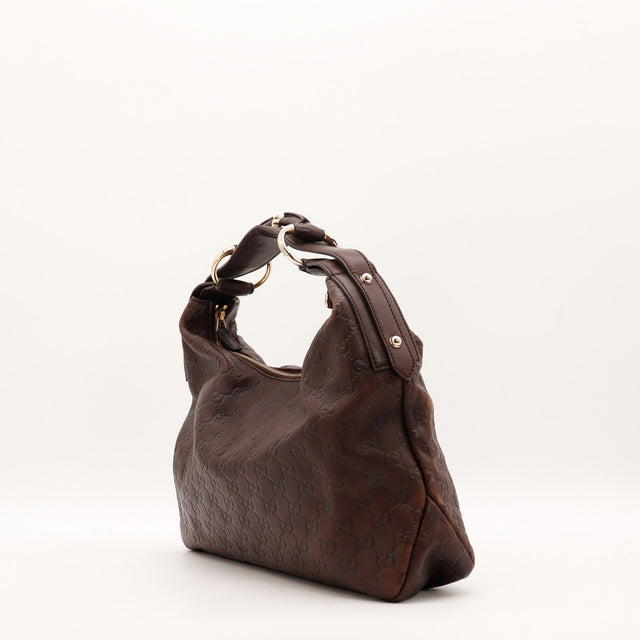 Vue intérieure Gucci Hobo Horsebit cuir Guccissima marron occasion authentique — AMANA Vintage