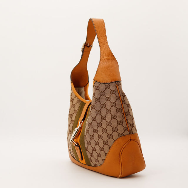 Vue latérale Gucci New Jackie cuir grené camel bandoulière occasion — AMANA Vintage