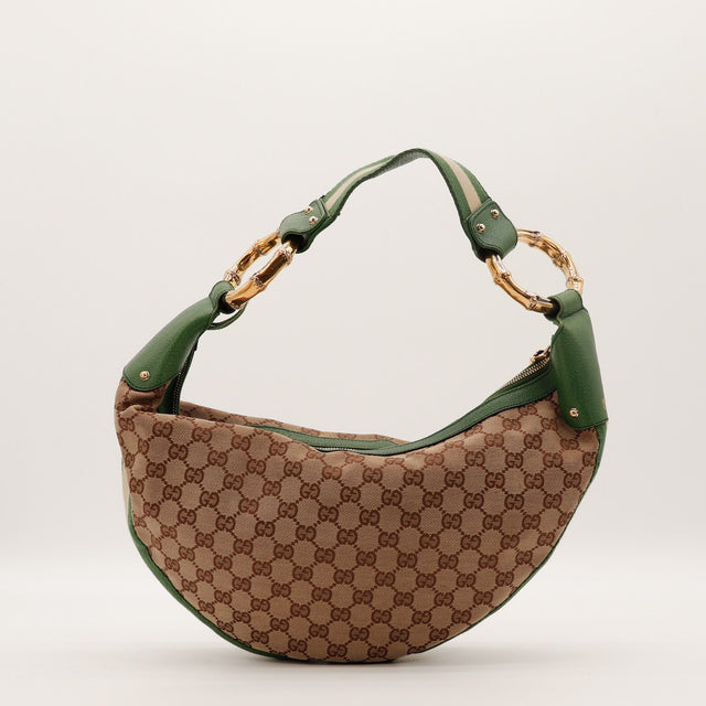 Sac Gucci Hobo Bambou toile monogrammée beige et ébène vue de face occasion authentique — AMANA Vintage