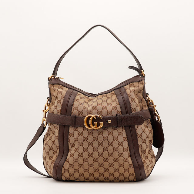 Sac Gucci Hobo toile monogrammée beige et ébène vue de face occasion authentique — AMANA Vintage