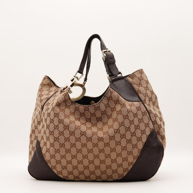 Sac Gucci Hobo Charlotte toile monogrammée beige et ébène vue de face occasion authentique — AMANA Vintage