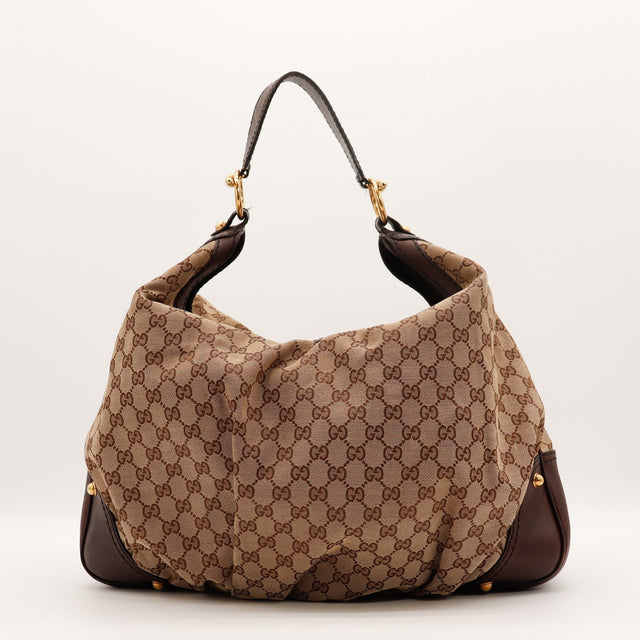 Sac Gucci Hobo Horsebit toile monogrammée beige et marron vue de face occasion authentique — AMANA Vintage