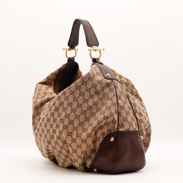 Sac Gucci Hobo Horsebit toile monogrammée beige et marron vue de dos occasion authentique — AMANA Vintage