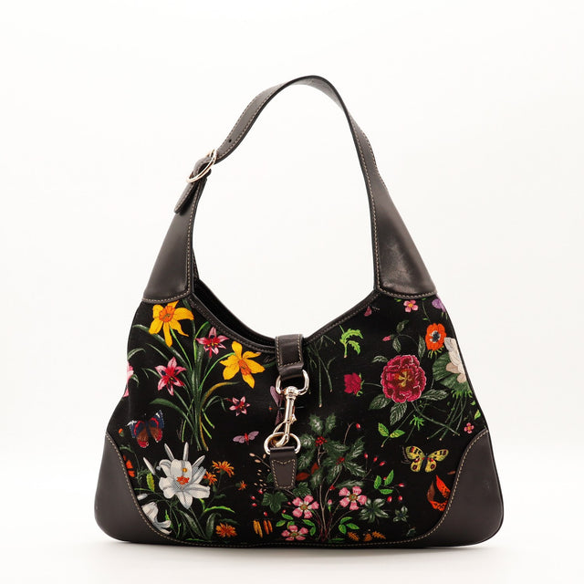Vue de face sac Gucci Jackie Bouvier Flora toile Flora noir multicolore occasion authentique — AMANA Vintage