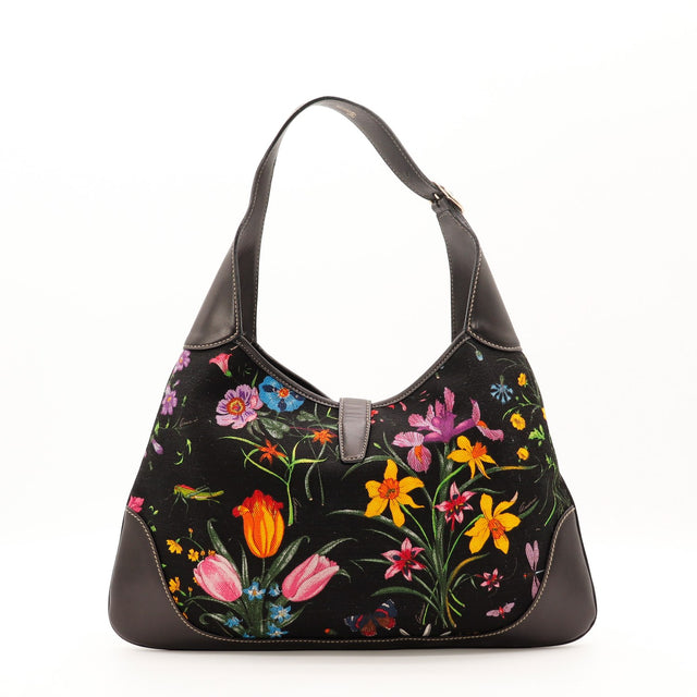 Vue de l'intérieur sac Gucci Jackie Bouvier Flora noir multicolore occasion authentique — AMANA Vintage
