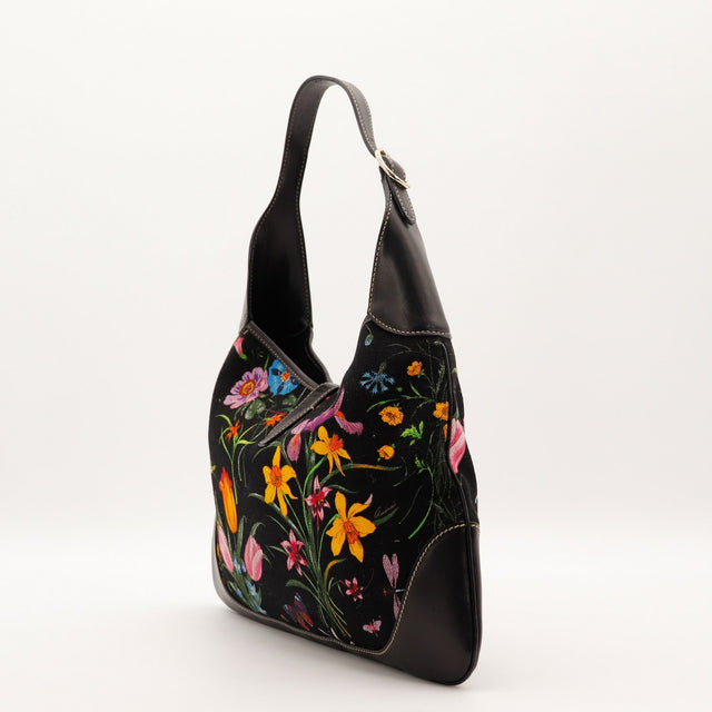 Vue de dos sac Gucci Jackie Bouvier Flora toile Flora noir multicolore occasion authentique — AMANA Vintage