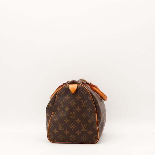 Détail côté et tirette Louis Vuitton Speedy 30 toile Monogramme — AMANA Vintage