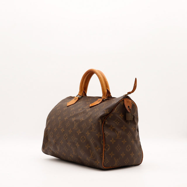 Louis Vuitton Speedy 30 vue latérale droite toile Monogram cuir vachette — AMANA Vintage