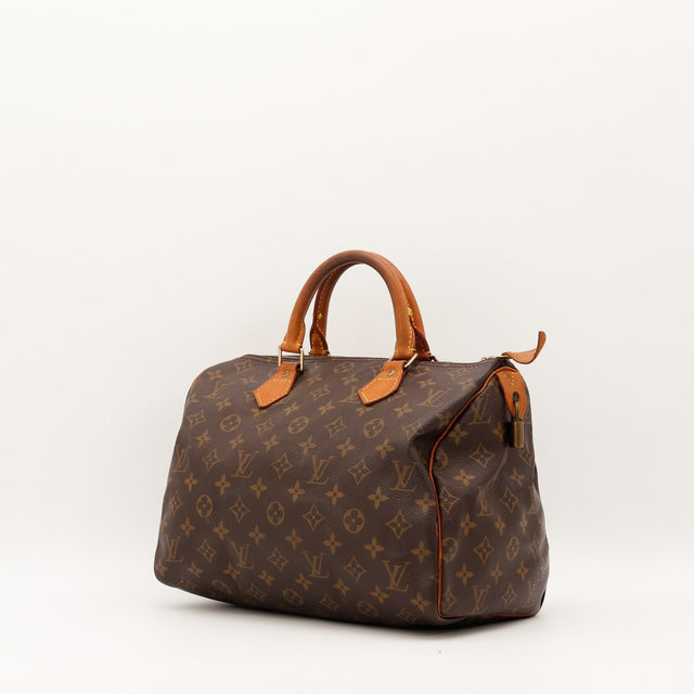 Sac Louis Vuitton Speedy 30 vue de trois quarts cuir vachette patiné — AMANA Vintage