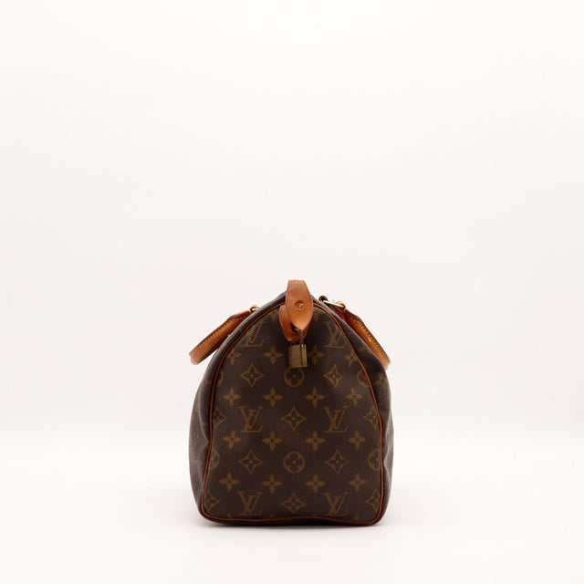 Profil droit Louis Vuitton Speedy 30 cuir vachette patine caramel — AMANA Vintage