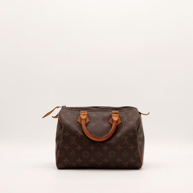 Vue de profil gauche Louis Vuitton Speedy 30 languette cadenas visible — AMANA Vintage