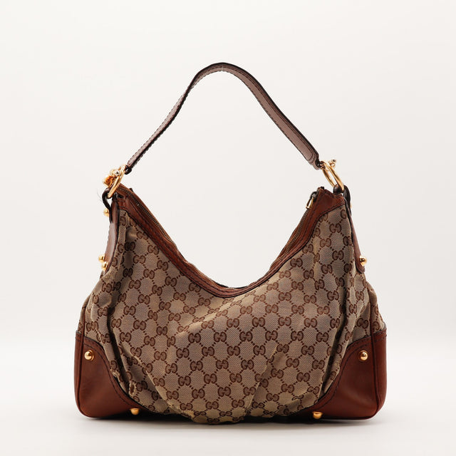 Vue de face Gucci Hobo Jockey toile monogrammée beige et ébène occasion authentique — AMANA Vintage