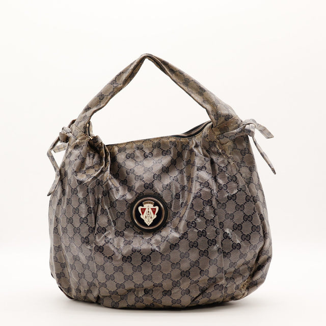 Vue de face Gucci Hobo Hysteria toile monogrammée enduite beige et bleu marine occasion authentique — AMANA Vintage
