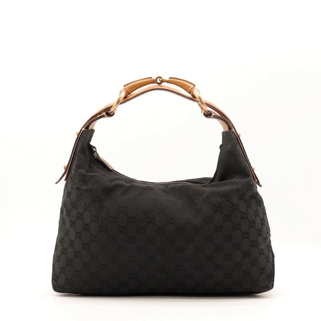 Sac Gucci Hobo Horsebit toile monogrammée noire vue de face occasion authentique — AMANA Vintage