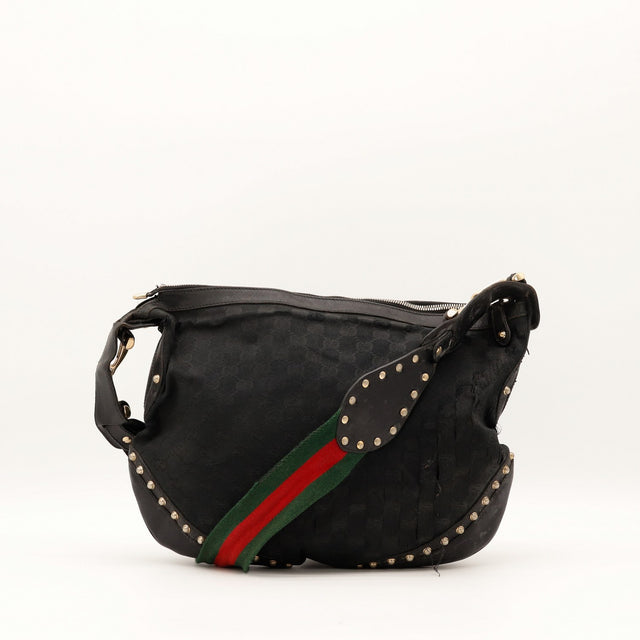 Sac Gucci Hobo cuir clouté et bandoulière Web vue de face occasion authentique — AMANA Vintage