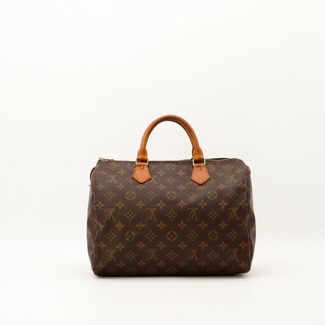 Louis Vuitton Speedy 30 vue de face autre angle patine caramel — AMANA Vintage