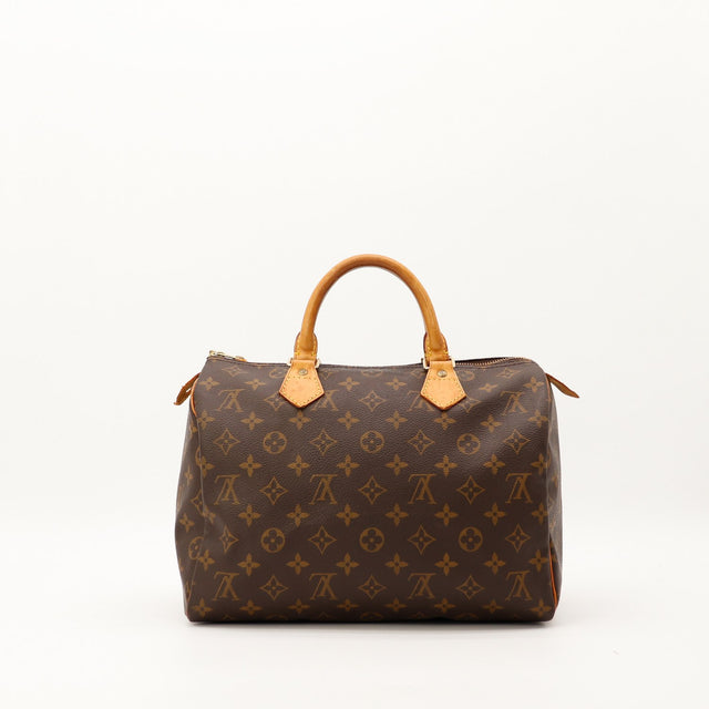 Louis Vuitton Speedy 30 vue de face patine caramel occasion authentique — AMANA Vintage