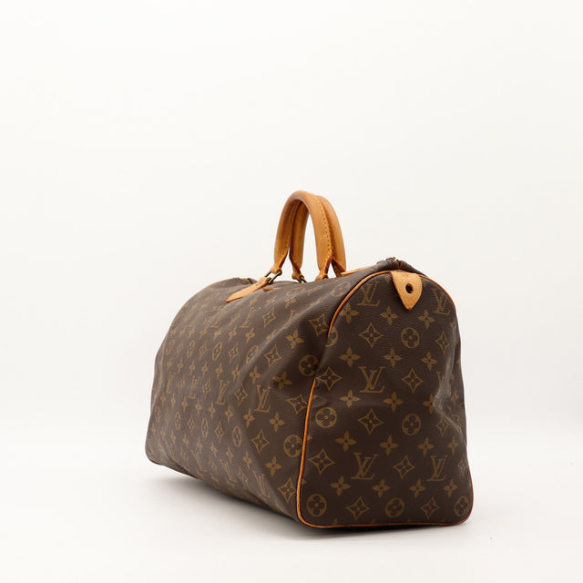 Louis Vuitton Speedy 40 vue de trois quarts droite toile Monogram patine caramel — AMANA Vintage