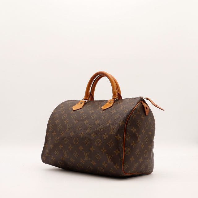 Louis Vuitton Speedy 30 vue de trois quarts toile Monogram patine caramel — AMANA Vintage
