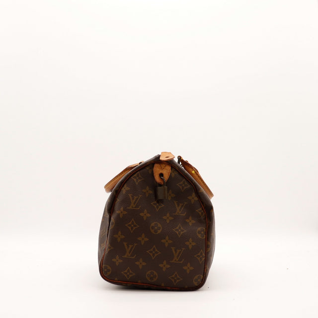 Profil gauche Louis Vuitton Speedy 30 Monogram fond vue de côté — AMANA Vintage