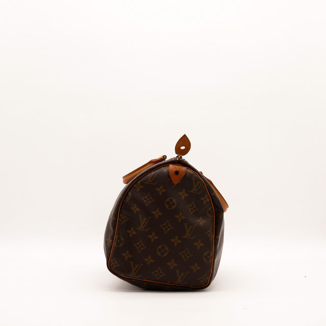 Vue de profil Louis Vuitton Speedy 30 toile Monogram cuir vachette — AMANA Vintage