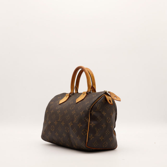 Louis Vuitton Speedy 25 vue de trois quarts toile Monogramme patine caramel — AMANA Vintage