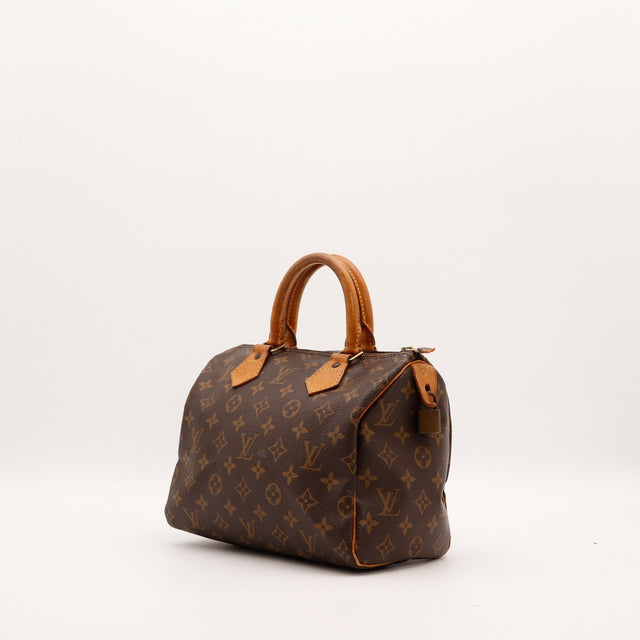 Vue trois quarts Louis Vuitton Speedy 30 toile Monogramme patine caramel — AMANA Vintage