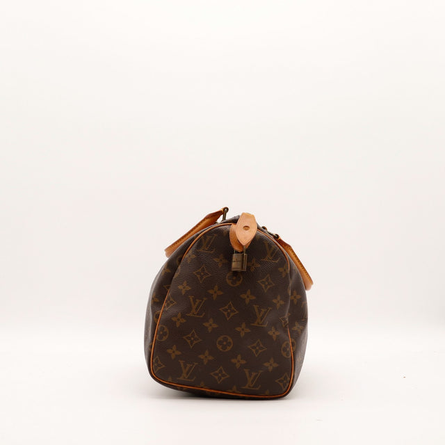 Louis Vuitton Speedy 30 vue trois quarts gauche avec cadenas LV occasion — AMANA Vintage