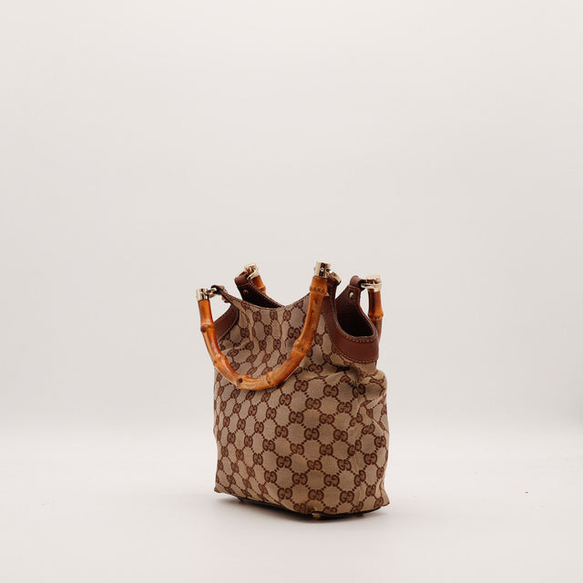 Vue de dessus Tote Bag Bambou Gucci anses bambou détail — AMANA Vintage