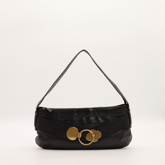 Sac Hobo Chloé cuir agneau noir fermoir rond doré vue de face occasion authentique — AMANA Vintage