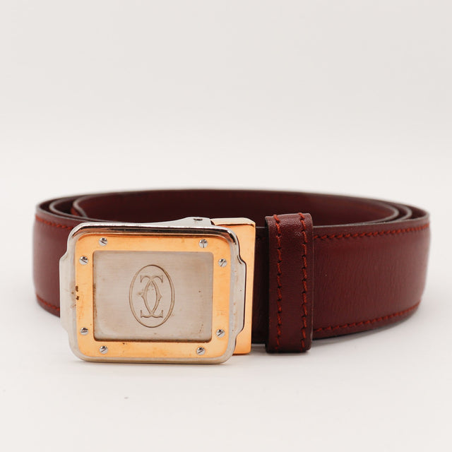 Ceinture Must de Cartier cuir bordeaux boucle bicolore double C occasion authentique — AMANA Vintage