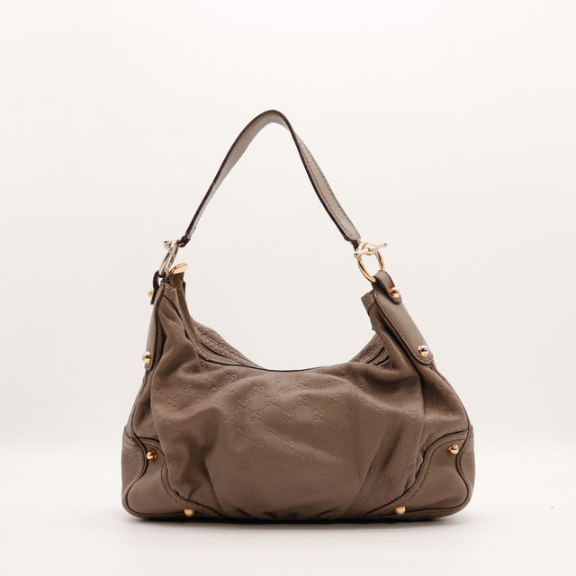 Sac Gucci Hobo Guccissima cuir embossé taupe vue de profil droit — AMANA Vintage