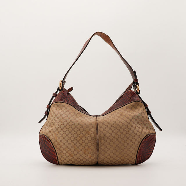 Sac Celine Hobo Macadam toile monogrammee et cuir croco bordeaux vue de face occasion — AMANA Vintage
