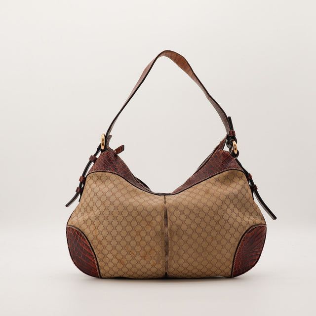 Celine Hobo Macadam vue de face alternative toile beige monogrammee — AMANA Vintage