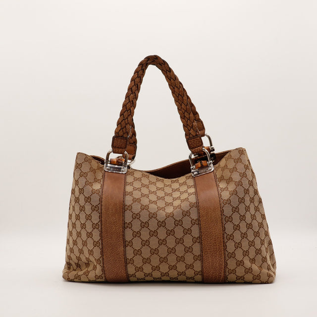 Tote bag Gucci toile GG canvas anses tressées bambou beige marron vue de face occasion authentique — AMANA Vintage